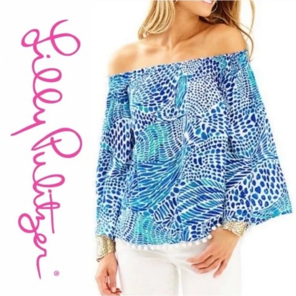 Lilly Pulitzer Off the Shoulder Nita Blue and White Pom Pom Bell Sleeve Top